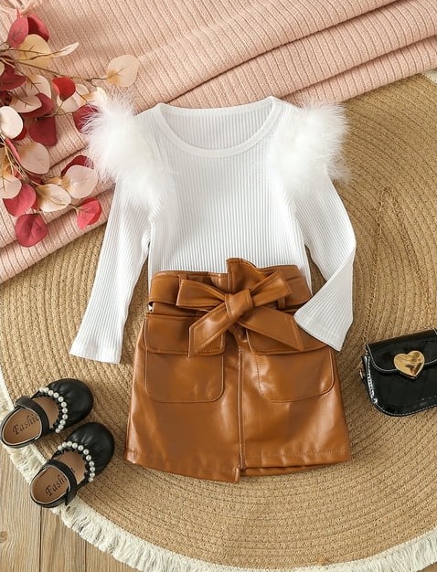 Girl s Cotton Ribbed Long Sleeve Top Leather Skirt Set Weechamps